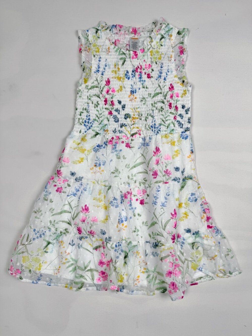 Gymboree Girls Dress Size 10 White Floral Smocked Tiered Swiss Dot Flutter Lined